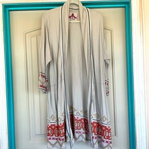 Gray knit cardigan with pink Aztec embroidery